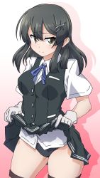 Rule 34 | 547th sy, black hair, black panties, black skirt, black vest, blue ribbon, clothes lift, commentary request, contrapposto, cowboy shot, gloves, gradient background, grey eyes, hair ornament, hairclip, highres, kantai collection, neck ribbon, oyashio (kancolle), panties, pink background, pleated skirt, ribbon, shadow, shirt, short sleeves, skirt, skirt lift, standing, thigh strap, underwear, vest, white background, white gloves, white shirt