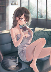 Rule 34 | 1girl, blush, breasts, brown hair, cat, cleavage, couch, glasses, looking at viewer, magazine (object), medium breasts, midorikawa you, off shoulder, original, shirt, shorts, solo, tank top, thighs, white shirt, white shorts