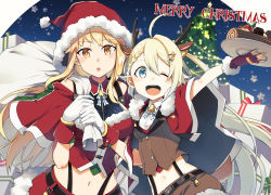 Rule 34 | 2girls, ;d, ahoge, amatsuki colors, animal costume, animal ears, antlers, arm grab, arm up, asymmetrical docking, belt, black belt, black gloves, blonde hair, blue ribbon, braid, braided bangs, breast press, brown shorts, brown vest, cake, capelet, christmas, christmas tree, collared shirt, commentary request, cv9030 fin, deer ears, dress shirt, english text, fake animal ears, fake antlers, fingerless gloves, food, fruit, fur-trimmed capelet, fur-trimmed shirt, fur-trimmed shorts, fur-trimmed skirt, fur trim, gift, gloves, hair ornament, hat, highres, holding, holding plate, holding sack, horns, leaning to the side, leopard 2a4 fin, long hair, medium hair, merry christmas, midriff, miniskirt, multiple girls, navel, neck bell, neck ribbon, night, night sky, one eye closed, open mouth, outdoors, over shoulder, partial commentary, plate, red capelet, red headwear, red shirt, reindeer antlers, reindeer costume, ribbon, rick g earth, sack, santa costume, santa hat, shirt, shorts, side-by-side, skirt, sky, sleeveless, sleeveless shirt, smile, snow, star ornament, strawberry, suspender shorts, suspenders, very long hair, vest, white gloves, white shirt, wing collar, yellow eyes