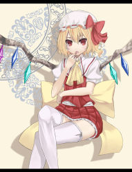 Rule 34 | 1girl, :o, ascot, bad id, bad pixiv id, blonde hair, bow, crossed legs, crystal, embodiment of scarlet devil, fang, female focus, finger to mouth, flandre scarlet, hat, hat ribbon, highres, letterboxed, open mouth, ponytail, puffy sleeves, ray-akila, red eyes, ribbon, short hair, short sleeves, side ponytail, sitting, skirt, skirt set, smile, solo, thighhighs, touhou, white thighhighs, wings