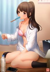Rule 34 | 1girl, bad id, bad pixiv id, black socks, bottle, bra, breasts, brown eyes, brown hair, cellphone, cleavage, collarbone, commentary request, electrical outlet, electrical outlet, food, highres, holding, izuna (i1z2n70), long hair, looking at viewer, medium breasts, mouth hold, navel, off shoulder, open clothes, open shirt, original, phone, pink bra, ponytail, popsicle, shirt, smartphone, socks, solo, sweat, thighs, underwear, water bottle, watermark, white shirt