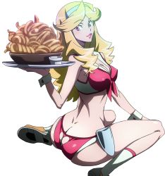 Rule 34 | 10s, 1girl, ass, back, blonde hair, boobies uniform, curly hair, covered erect nipples, female focus, food, hairband, highres, holding, holster, honey (space dandy), looking at viewer, makeup, midriff, solo, space dandy, transparent background