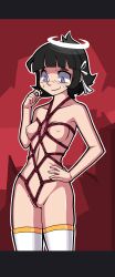 Rule 34 | 1girl, absurdres, argrim, azazel (helltaker), bdsm, black hair, blue eyes, blunt bangs, blush, bob cut, bondage, bound, bound torso, bow, breast bondage, breasts, closed mouth, collarbone, cowboy shot, crotch rope, embarrassed, hair bow, hair ornament, hair ribbon, halo, hand on own hip, helltaker, highres, holding, holding own hair, looking down, nipples, nude, red rope, ribbon, rope, shibari, short hair, sidelocks, small breasts, small nipples, solo, standing, stomach, sweat, thighhighs, wavy mouth, white bow, white ribbon, white thighhighs