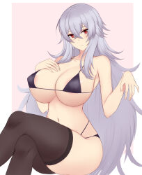 Rule 34 | 1girl, absurdres, areola slip, azur lane, bikini, black bikini, breasts, collarbone, crossed legs, graf zeppelin (azur lane), hair between eyes, hand on own chest, highres, iza-chan, large breasts, long hair, looking at viewer, navel, pink background, red eyes, simple background, solo, stomach, swimsuit, thighhighs, very long hair, white hair