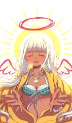 Rule 34 | 1girl, bead bracelet, bead necklace, beads, bikini, bikini top only, blunt bangs, blush, bracelet, breasts, cleavage, closed eyes, collarbone, commentary, criis-chan, danganronpa (series), danganronpa v3: killing harmony, dark-skinned female, dark skin, fake halo, fake wings, frilled bikini, frills, halo, jacket, jewelry, long hair, looking at viewer, low twintails, medium breasts, necklace, open mouth, shell, shell necklace, small breasts, smile, solo, swimsuit, twintails, white hair, wings, yellow jacket, yonaga angie