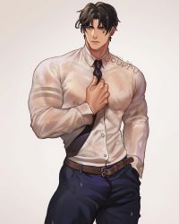 Rule 34 | 1boy, abs, artist name, bara, belt, biceps, black hair, blue eyes, collared shirt, commission, ear piercing, earrings, highres, jewelry, jouvru, male focus, muscular, muscular male, necktie, nipple piercing, nipples, original, pants, pectorals, piercing, see-through, shirt, solo, tattoo, tight clothes, wet, wet clothes