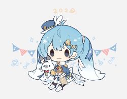 Rule 34 | 1girl, 2020, band uniform, beamed eighth notes, blue hair, boots, bow, bowtie, chibi, collar, collared shirt, eighth note, epaulettes, flag, french horn, gradient hair, hair ornament, hairclip, hat, hatsune miku, highres, holding, holding instrument, instrument, long hair, maple (57675110), mini hat, mini top hat, multicolored hair, musical note, musical note print, quarter note, rabbit, red neckwear, ribbon, shirt, smile, snowflake print, solid oval eyes, sparkle, thighhighs, top hat, twintails, very long hair, vocaloid, white collar, yuki miku, yuki miku (2020), yukine (vocaloid)