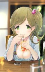 Rule 34 | 10s, 1girl, amekosame, badge, blurry, blush, bra strap, breast rest, breasts, breasts on table, brown hair, button badge, casual, cleavage, cup, depth of field, downblouse, drink, drinking, drinking glass, drinking straw, fang, fang out, green eyes, hair bobbles, hair ornament, half-closed eyes, holding, holding cup, indoors, inuyama aoi, large breasts, looking at viewer, on chair, ponytail, pov across table, seductive smile, short sleeves, side ponytail, sidelocks, sitting, skin fang, smile, solo, sweater, swept bangs, table, thick eyebrows, upper body, yurucamp