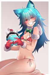 Rule 34 | 1girl, absurdres, ahoge, animal ears, armband, bare legs, bare shoulders, bikini, blue hair, border, bow, bow bra, bowtie, bra, breasts, brown background, cape, capelet, character doll, christmas, commentary, cosplay, crewmate (among us), fur-trimmed capelet, fur-trimmed gloves, fur trim, gloves, gradient background, green bow, green bowtie, grin, groin, hat, highres, holding, holding stuffed toy, indie virtual youtuber, kana616, kana (kana616), long hair, looking at viewer, navel, original, red bikini, red cape, red eyes, red gloves, santa bikini, santa gloves, santa hat, seiza, sharp teeth, side-tie bikini bottom, sitting, small breasts, smile, spanish commentary, stomach, stuffed toy, swimsuit, teeth, thighs, underwear, virtual youtuber, white background, white border, yumi koburako, yumi koburako (cosplay)