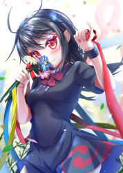 Rule 34 | 1girl, antenna hair, asymmetrical wings, black dress, black hair, blue flower, blurry, blurry background, blush, bow, bowtie, breasts, contrapposto, dress, flower, frills, hands up, holding, holding flower, houjuu nue, long hair, looking at viewer, red bow, red bowtie, red eyes, red ribbon, ribbon, short sleeves, simple background, small breasts, smelling flower, smile, solo, touhou, white flower, wings, wristband, yakkyokuya