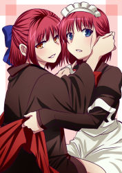 Rule 34 | 00s, 2girls, blue eyes, blush, bow, hair bow, hand in another&#039;s hair, hisui (tsukihime), incest, kohaku (tsukihime), lips, looking at viewer, maid, maid headdress, multiple girls, off shoulder, red hair, short hair, siblings, simple background, sisters, tsukihime, twincest, twins, undressing, urako, yellow eyes, yuri