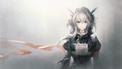 Rule 34 | 1girl, arknights, armband, ascot, brooch, dragon horns, grey background, grey eyes, horns, jewelry, juliet sleeves, long sleeves, looking at viewer, medium hair, official art, puffy sleeves, reunion logo (arknights), shirt, shrug (clothing), silver hair, smile, solo, spoilers, talulah (arknights), underbust, upper body, white shirt, wind, wind lift