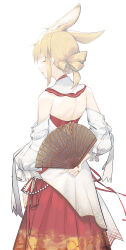 Rule 34 | 1girl, ^ ^, absurdres, animal ears, arknights, arm behind back, backless dress, backless outfit, bare back, bare shoulders, blonde hair, closed eyes, commentary request, cowboy shot, detached sleeves, dress, extra ears, folding fan, hand fan, highres, holding, holding fan, kroos (arknights), long sleeves, nail polish, ponytail, rabbit ears, red nails, short hair, sidelocks, simple background, solo, standing, vchan, white background, white dress