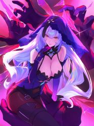 Rule 34 | 1girl, bare shoulders, black swan (honkai: star rail), black thighhighs, brown pantyhose, card, commentary, dress, gloves, highres, holding, holding card, honkai: star rail, honkai (series), long hair, pantyhose, purple dress, purple gloves, purple hair, ricin, sleeveless, sleeveless dress, solo, thighhighs, thighhighs over pantyhose, veil, yellow eyes