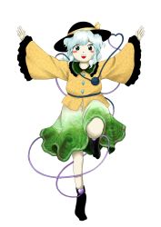 Rule 34 | 1girl, :d, aqua hair, arms up, black hat, black socks, blush stickers, buttons, commentary request, crystal, floral print, frilled shirt collar, frilled sleeves, frills, full body, glico, glico man, gradient skirt, green eyes, green skirt, hat, hat ribbon, heart, heart of string, highres, komeiji koishi, leg up, long hair, long sleeves, looking at viewer, o/, open mouth, outstretched arms, parasite oyatsu, print shirt, print skirt, ribbon, shirt, simple background, skirt, sleeves past wrists, smile, socks, solo, spread arms, standing, standing on one leg, touhou, white background, wide sleeves, yellow ribbon, yellow shirt, zun (style)