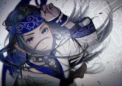 Rule 34 | 1girl, ainu, ainu clothes, arm up, asirpa, bandana, black hair, blue bandana, blue eyes, blue headband, closed mouth, collar, commentary request, ear piercing, earrings, eyebrows, fingernails, from above, golden kamuy, grey background, headband, highres, hoop earrings, jewelry, knife, lips, long hair, long sleeves, looking at viewer, piercing, sheath, simple background, solo, upper body, w55674570w, weapon, wide sleeves