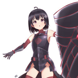 Rule 34 | 1girl, :o, ahoge, armor, armpits, bare shoulders, black armor, black gloves, black hair, bob cut, boots, bottomless, bracer, breastplate, commentary, cowboy shot, elbow gloves, gloves, hair ornament, hair strand, highres, holding, holding shield, itai no wa iya nano de bougyoryoku ni kyokufuri shitai to omoimasu, maple (bofuri), open mouth, outstretched arms, purple eyes, red gloves, red thighhighs, shield, short hair, simple background, solo, thigh boots, thighhighs, white background, zettai ryouiki