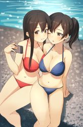 Rule 34 | 10s, 2girls, :3, ;o, akagi (kancolle), alternate costume, arm support, bad id, bad pixiv id, bare arms, bare legs, bare shoulders, bikini, blue bikini, blush, breasts, brown eyes, brown hair, camera, cheek-to-cheek, cleavage, collarbone, couple, day, female focus, heads together, highres, kaga (kancolle), kantai collection, large breasts, legs, long hair, looking at another, looking at viewer, midriff, multiple girls, navel, neck, ocean, ochiaki, one eye closed, outdoors, red bikini, selfie, shadow, short hair, side ponytail, sitting, stomach, summer, sweatdrop, swimsuit, thigh gap, water, yuri