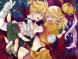Rule 34 | 1boy, 1girl, :p, aqua eyes, blonde hair, brother and sister, fang, fingerless gloves, gloves, hair ornament, hairclip, halloween, hat, jack-o&#039;-lantern, kagamine len, kagamine rin, midriff, pumpkin, short hair, siblings, smile, tongue, tongue out, twins, vocaloid, witch hat, yamako (state of children)