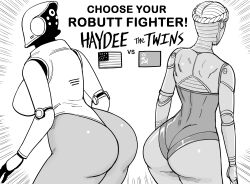 Rule 34 | 2girls, absurdres, american flag, ass, ass focus, atomic heart, back, bb (baalbuddy), breasts, english text, greyscale, haydee (game), haydee (haydee), highres, huge ass, humanoid robot, joints, large breasts, left (atomic heart), mechanical arms, monochrome, multiple girls, robot, robot joints, simple background, soviet flag, thighs, white background