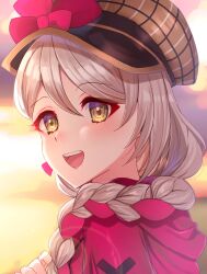 Rule 34 | 1girl, :d, braid, edamameoka, fire emblem, fire emblem engage, framme (fire emblem), grey hair, hat, hat ribbon, highres, long hair, looking at viewer, nintendo, open mouth, pink ribbon, ribbon, smile, solo, sunset, teeth, upper teeth only, yellow eyes