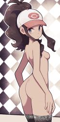 Rule 34 | 1girl, ass, back, bare shoulders, baseball cap, blue eyes, breasts, brown hair, checkered background, creatures (company), curly hair, from side, game freak, hat, high ponytail, highres, hilda (pokemon), lamb-oic029, long hair, looking at viewer, looking to the side, nintendo, nipples, nude, outline, parted lips, pokemon, pokemon bw, sideboob, sidelocks, sideways glance, small breasts, solo, thighhighs, white outline