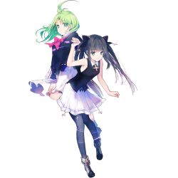 Rule 34 | 2girls, ahoge, arcaea, bare shoulders, black bow, black hair, black shirt, blue eyes, blunt bangs, boots, bow, bowtie, cierra (ra-bit), closed mouth, cross, cross-shaped pupils, full body, green hair, hair bow, hand on own knee, hand up, highres, holding hands, long hair, long sleeves, looking at viewer, multiple girls, official art, pantyhose, pleated skirt, red bow, shirt, simple background, skirt, sleeveless, sleeveless shirt, smile, symbol-shaped pupils, tairitsu (arcaea), tone sphere, transparent background, trin (tone sphere), twintails, white footwear, white skirt