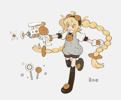 Rule 34 | 1girl, :t, atom, black footwear, black thighhighs, blonde hair, blunt ends, borrowed character, braid, bright pupils, candy, character name, closed mouth, diagonal stripes, dot nose, eyewear on head, floating hair, flower (symbol), food, from side, full body, gloves, grey background, grey overalls, gun, guu (hakahonoo), hair between eyes, handgun, hands up, high collar, highres, holding, holding gun, holding weapon, leg up, limited palette, lollipop, long hair, looking away, orange eyes, original, outstretched arms, over-kneehighs, overall shorts, overalls, pocket, puffy short sleeves, puffy sleeves, short sleeves, sidelocks, simple background, sleeve cuffs, solo, sparkle, striped, tareme, thighhighs, twin braids, twintails, very long hair, walking, weapon, white gloves, white pupils