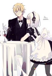 Rule 34 | 1boy, 1girl, alcohol, alternate costume, apron, ars almal, bespectacled, black dress, black jacket, black neckwear, black vest, blonde hair, blue eyes, bow, bowtie, brown pantyhose, butler, collared shirt, commentary request, cup, dress, dress shirt, drinking glass, enmaided, ex albio, frilled apron, frills, glasses, gloves, hair over one eye, highres, jacket, long sleeves, maid, maid apron, maid headdress, nijisanji, pantyhose, profile, puffy short sleeves, puffy sleeves, shirt, short hair, short sleeves, signature, simple background, sofra, table, tablecloth, twitter username, vest, virtual youtuber, white apron, white background, white gloves, white hair, white shirt, wine, wine glass