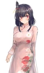 Rule 34 | 1girl, alternate costume, bad id, bad twitter id, black hair, cowboy shot, hair ornament, highres, kantai collection, looking to the side, miyako (rgrayt), red eyes, short hair, simple background, solo, vietnamese dress, white background, yamashiro (kancolle)