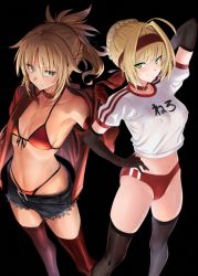 Rule 34 | 10s, 2girls, ahoge, arm up, bare shoulders, belt, bikini, black background, black gloves, black legwear, blonde hair, blush, braid, breasts, buruma, cleavage, closed mouth, collar, collarbone, cutoffs, denim, denim shorts, elbow gloves, fate/apocrypha, fate/extra, fate/grand order, fate (series), french braid, gloves, green eyes, gym uniform, hair between eyes, hair intakes, hairband, hand on own hip, headband, hip focus, jacket, large breasts, long hair, looking at viewer, mordred (fate), mordred (fate/apocrypha), mordred (memories at trifas) (fate), mordred (swimsuit rider) (first ascension) (fate), multiple girls, name tag, navel, nero claudius (fate), nero claudius (fate) (all), nero claudius (fate/extra), nero claudius (olympian bloomers) (fate), official alternate costume, open clothes, open jacket, ponytail, red bikini, red buruma, red gloves, red jacket, red legwear, short sleeves, shorts, simple background, small breasts, smile, swimsuit, thighhighs, thighs, ulrich (tagaragakuin)