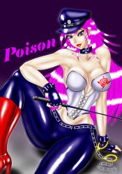Rule 34 | 1girl, bare shoulders, blue eyes, boots, bracelet, breasts, chain, choker, corset, cuffs, dokudami kusa, final fight, fingerless gloves, gloves, handcuffs, hat, high heel boots, high heels, jewelry, large breasts, lipstick, long hair, makeup, narrow waist, pants, peaked cap, pink hair, poison (final fight), riding crop, shiny clothes, sitting, smile, solo, spiked bracelet, spikes, street fighter