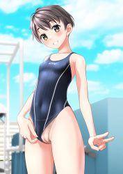 Rule 34 | 1girl, absurdres, beige panties, black hair, black one-piece swimsuit, blue sky, blurry, blurry background, breasts, brown eyes, cameltoe, clothes writing, clothing aside, cloud, commentary request, competition swimsuit, covered navel, cowboy shot, grin, highleg, highleg swimsuit, highres, one-piece swimsuit, original, panties under swimsuit, short hair, sky, small breasts, smile, solo, striped clothes, striped one-piece swimsuit, swimsuit, swimsuit aside, takafumi, v