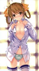 Rule 34 | 1girl, absurdres, backlighting, blush, bow, bow panties, braid, breasts, brown eyes, brown hair, buttons, chidori minamo, cleavage, collarbone, collared shirt, cowboy shot, dress shirt, embarrassed, fingernails, frown, gluteal fold, green bow, green panties, groin, hands up, highres, long fingernails, long sleeves, looking at viewer, medium breasts, misaki kurehito, multicolored clothes, multicolored legwear, navel, no bra, no pants, open clothes, open shirt, panties, partially unbuttoned, see-through, shirt, sidelocks, skindentation, smile cubic!, solo, striped clothes, striped panties, striped thighhighs, suiheisen made nan mile?, thighhighs, third-party source, twin braids, unbuttoned, underwear, white shirt, white thighhighs