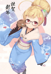Rule 34 | 1girl, ahoge, alternate hairstyle, animal, azur lane, blue kimono, blush, boar, boots, bow, brown-framed eyewear, brown footwear, brown gloves, closed eyes, closed mouth, commentary request, egasumi, eldridge (azur lane), eldridge (new year&#039;s outing) (azur lane), facing viewer, floral print, flower, frilled sleeves, frills, fujieda uzuki, fur collar, glasses, gloves, green flower, hair bow, hair bun, hair flower, hair ornament, half gloves, high heel boots, high heels, highres, holding, holding animal, japanese clothes, kimono, long sleeves, looking at viewer, new year, obi, print kimono, purple flower, red eyes, sash, single hair bun, sleeves past wrists, solo, white bow, wide sleeves