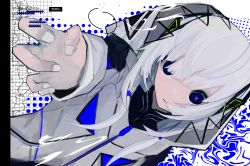Rule 34 | 052 (saniiiwan), 1girl, abstract background, blue eyes, blunt bangs, cevio, commentary, expressionless, galaxy, highres, hood, hood up, hooded jacket, jacket, kafu (cevio), long hair, looking at viewer, nail polish, outstretched arm, reaching, reaching towards viewer, solo, symbol-only commentary, white hair, white jacket, white nails, zipper
