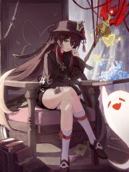Rule 34 | 1girl, :p, absurdres, ahchuh, black shorts, brown hair, bug, butterfly, chair, crossed legs, full body, genshin impact, ghost, hat, highres, hu tao (genshin impact), insect, legs, licking lips, looking at viewer, porkpie hat, primogem, red eyes, shorts, sitting, socks, tongue, tongue out, twintails