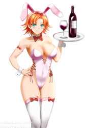 Rule 34 | 1girl, absurdres, animal ears, bottle, breasts, cleavage, drink, green eyes, highres, kimmy77, large breasts, leotard, nora valkyrie, orange hair, playboy bunny, rwby, solo, thighhighs