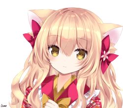 Rule 34 | 1girl, animal ear fluff, animal ears, bad id, bad pixiv id, blush, bow, brown bow, brown eyes, cat ears, closed mouth, commentary request, floral print, flower, hair between eyes, hair bow, hand up, japanese clothes, kimono, light brown hair, long hair, looking at viewer, nanase kureha, nanase nao, original, pink flower, print kimono, purple bow, red kimono, signature, simple background, solo, upper body, white background
