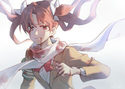 Rule 34 | 1girl, armband, backlighting, between fingers, blood, blood from mouth, blood on clothes, blood on face, bloody tears, bow, bowtie, brown eyes, brown hair, brown jacket, cuts, hair bow, holding, huakuiliehuo, injury, jacket, long hair, looking at viewer, red bow, red bowtie, scarf, serious, shirai kuroko, simple background, solo, toaru kagaku no railgun, toaru majutsu no index, torn clothes, twintails, upper body, white background, white bow, white scarf
