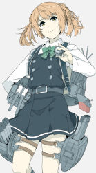 Rule 34 | 1girl, bad id, bad tumblr id, belt, belt buckle, black dress, bow, bowtie, brown hair, buckle, closed mouth, collared shirt, cowboy shot, double bun, dress, green bow, green bowtie, hair bun, head tilt, holding, kantai collection, long sleeves, looking away, michishio (kancolle), michishio kai ni (kancolle), ninimo nimo, pinafore dress, rigging, searchlight, shirt, sleeveless, sleeveless dress, smile, solo, standing, tareme, thigh strap, thighs, turret, two side up, white shirt, wing collar, yellow eyes