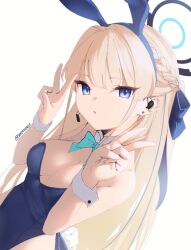 Rule 34 | 1girl, animal ears, blonde hair, blue archive, blue eyes, blue leotard, bow, bowtie, braid, breasts, cleavage, detached collar, double v, earpiece, earrings, fake animal ears, halo, jewelry, leotard, long hair, looking at viewer, medium breasts, multicolored hair, parted lips, playboy bunny, rabbit ears, rabbit tail, simple background, skeptycally, solo, strapless, strapless leotard, streaked hair, tail, toki (blue archive), toki (bunny) (blue archive), v, white background, wrist cuffs