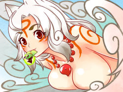 Rule 34 | 1girl, amaterasu (ookami), breast press, breasts, issun, jewelry, looking at viewer, mouth hold, necklace, nude, ookami (game), personification, smile, solo, tsuutenkaaku, white hair