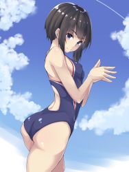 Rule 34 | 1girl, absurdres, ass, black hair, black mutou, blue eyes, blue sky, blue one-piece swimsuit, cloud, competition swimsuit, contrail, day, highres, looking at viewer, one-piece swimsuit, original, outdoors, own hands together, short hair, sky, solo, swimsuit
