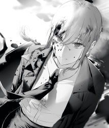 Rule 34 | 1girl, absurdres, black jacket, black necktie, black pants, blood, blood on clothes, blood on face, blood splatter, braid, braided ponytail, business suit, chainsaw man, collared shirt, expressionless, formal, greyscale, highres, jacket, looking at viewer, makima (chainsaw man), medium hair, monochrome, necktie, neckwear request, pants, ringed eyes, shirt, shirt tucked in, solo, suit, white shirt, yichuan