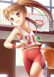 Rule 34 | 1girl, :d, ball, basketball, basketball (object), basketball hoop, basketball jersey, basketball uniform, bike shorts, brown hair, endou hiroto, highres, long hair, md5 mismatch, midriff, navel, open mouth, original, red eyes, seienten ayaka, smile, solo, sportswear, twintails