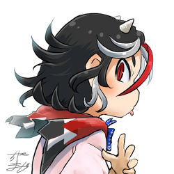 Rule 34 | 1girl, arrow (symbol), black hair, blue bow, blue bowtie, bow, bowtie, chamaji, commentary, cone horns, horns, kijin seija, looking at viewer, lowres, multicolored hair, profile picture, red bow, red bowtie, red eyes, red hair, scarf, short hair, sidelocks, signature, solo, streaked hair, tongue, tongue out, touhou, upper body, white background, white hair
