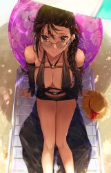 Rule 34 | 1girl, bad id, bad pixiv id, bare shoulders, beach, beach chair, black one-piece swimsuit, black shorts, blush, braid, breasts, brown eyes, brown hair, center opening, cleavage, closed mouth, collarbone, ear piercing, earrings, fate/grand order, fate (series), glasses, hair ornament, hair scrunchie, hairclip, hat, heroic spirit chaldea park outfit, innertube, jewelry, long hair, looking at viewer, medium breasts, minami leo, multiple earrings, o-ring, one-piece swimsuit, piercing, revealing clothes, scrunchie, shorts, single braid, sitting, smile, solo, straw hat, swim ring, swimsuit, thighs, very long hair, yu mei-ren (fate), yu mei-ren (festival outfit) (fate)