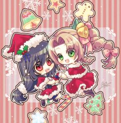 Rule 34 | 2girls, aerith gainsborough, alternate costume, arestear0701, artist name, bell, black hair, bow, braid, braided ponytail, brown hair, candy, candy cane, capelet, chibi, christmas, christmas tree, final fantasy, final fantasy vii, final fantasy vii ever crisis, final fantasy vii remake, food, full body, fur-trimmed capelet, fur-trimmed gloves, fur-trimmed headwear, fur trim, gingerbread man, gloves, green eyes, hair bell, hair between eyes, hair bow, hair ornament, hair tie, hat, highres, holding hands, long hair, low-tied long hair, mistletoe, multiple girls, official alternate costume, open mouth, parted bangs, pink bow, red capelet, red eyes, red headwear, red skirt, santa costume, santa hat, sidelocks, single braid, skirt, smile, snowflakes, star (symbol), striped, striped background, tifa lockhart