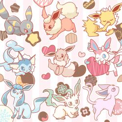 Rule 34 | animal focus, asakoline, blue eyes, bright pupils, brown eyes, chocolate, chocolate covered, closed eyes, closed mouth, creatures (company), dot nose, eevee, espeon, evolutionary line, flareon, forehead jewel, game freak, gen 1 pokemon, gen 2 pokemon, gen 4 pokemon, gen 6 pokemon, glaceon, heart, jolteon, leafeon, licking lips, licking self, nintendo, no humans, one eye closed, open mouth, pawpads, pokemon, pokemon (creature), purple eyes, red eyes, smile, split tail, star (symbol), striped, striped background, sylveon, tongue, tongue out, umbreon, vaporeon, white pupils